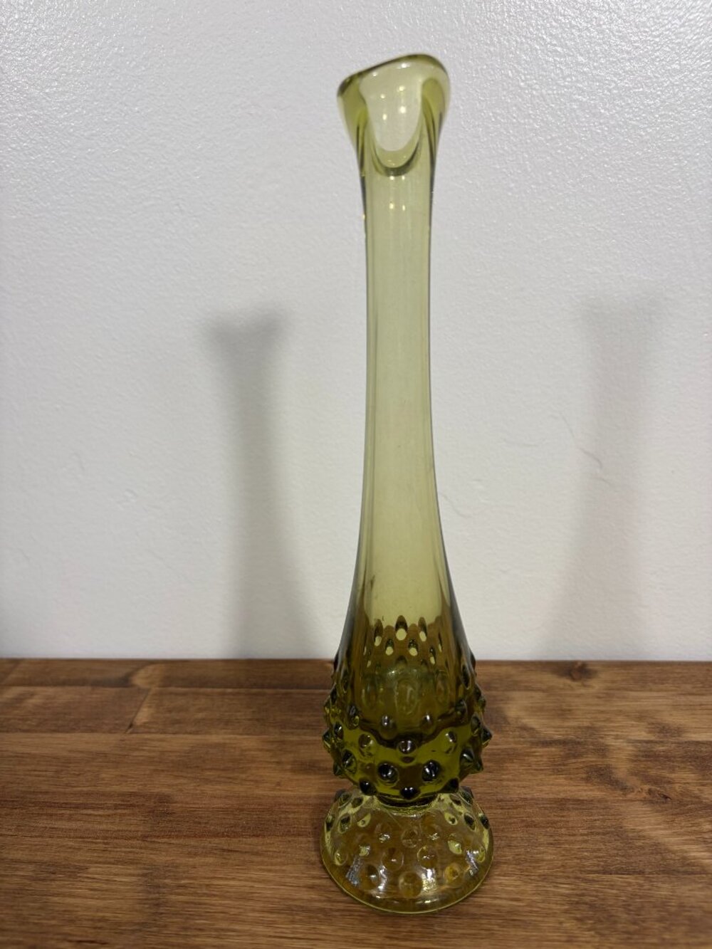 VTG Fenton Hobnail Art Glass Footed Swung Bud Vase Avocado Green 10" 1960s MCM